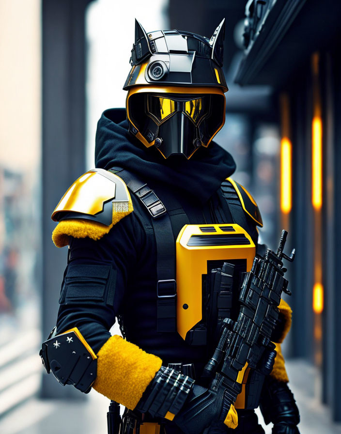 Futuristic black and yellow armored suit with blaster in urban setting