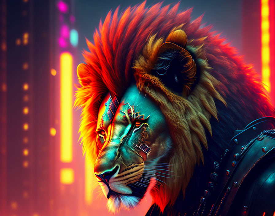 Neon-hued lion with cybernetic enhancements in cityscape.