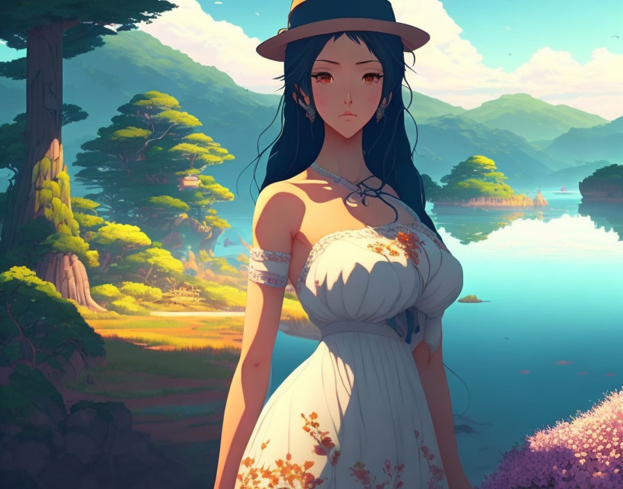 Anime-style girl in hat by serene lake surrounded by lush greenery and mountains