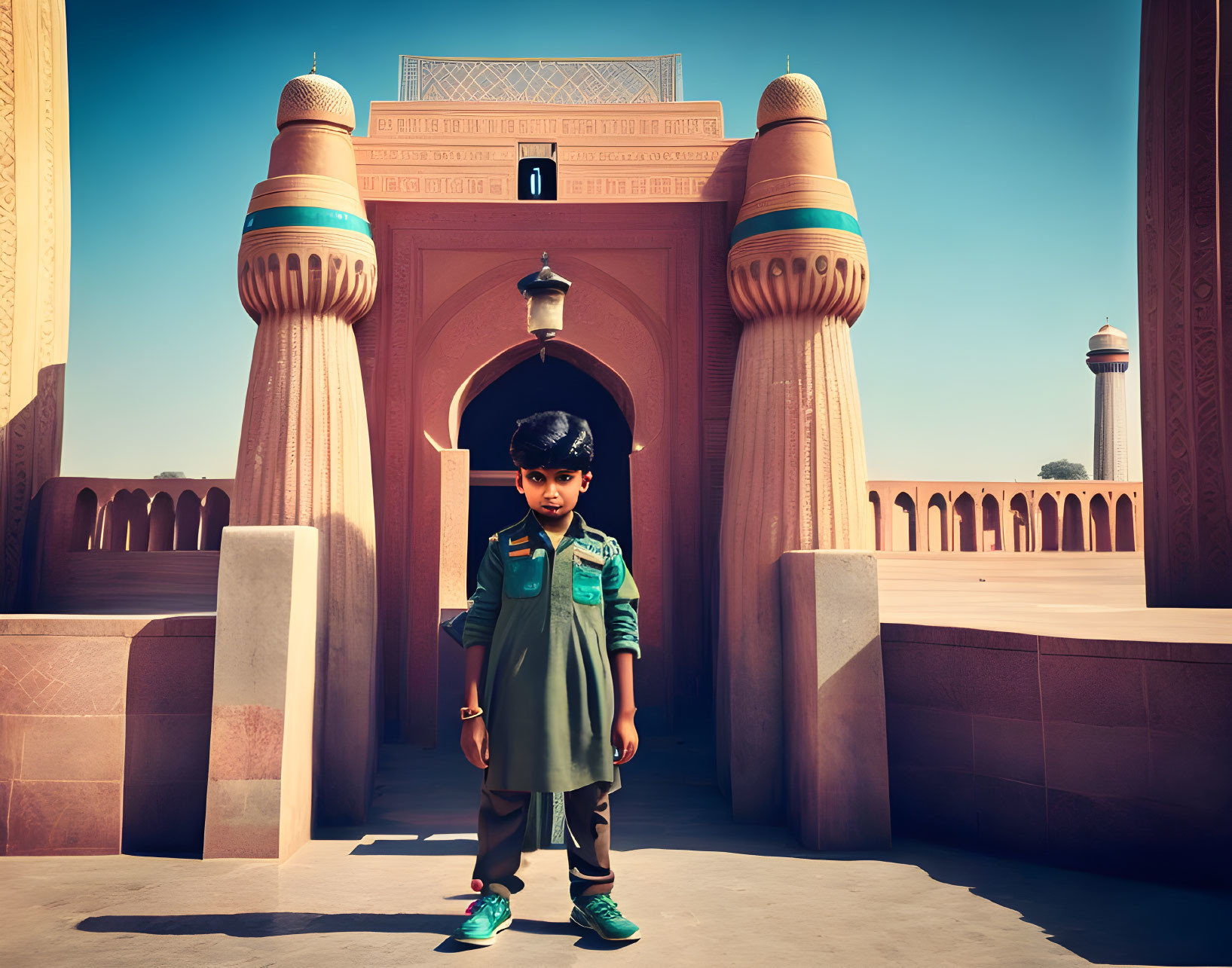 Child standing confidently at ornate mosque entrance under clear blue sky