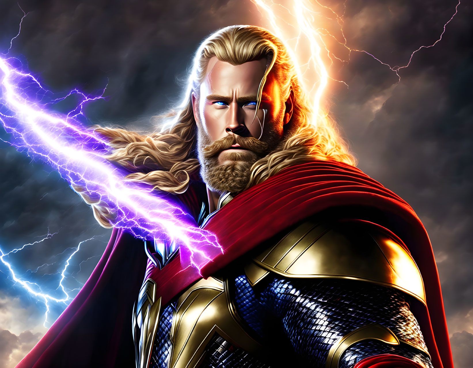 Muscular superhero with red cape, blonde hair, and lightning, against dramatic sky