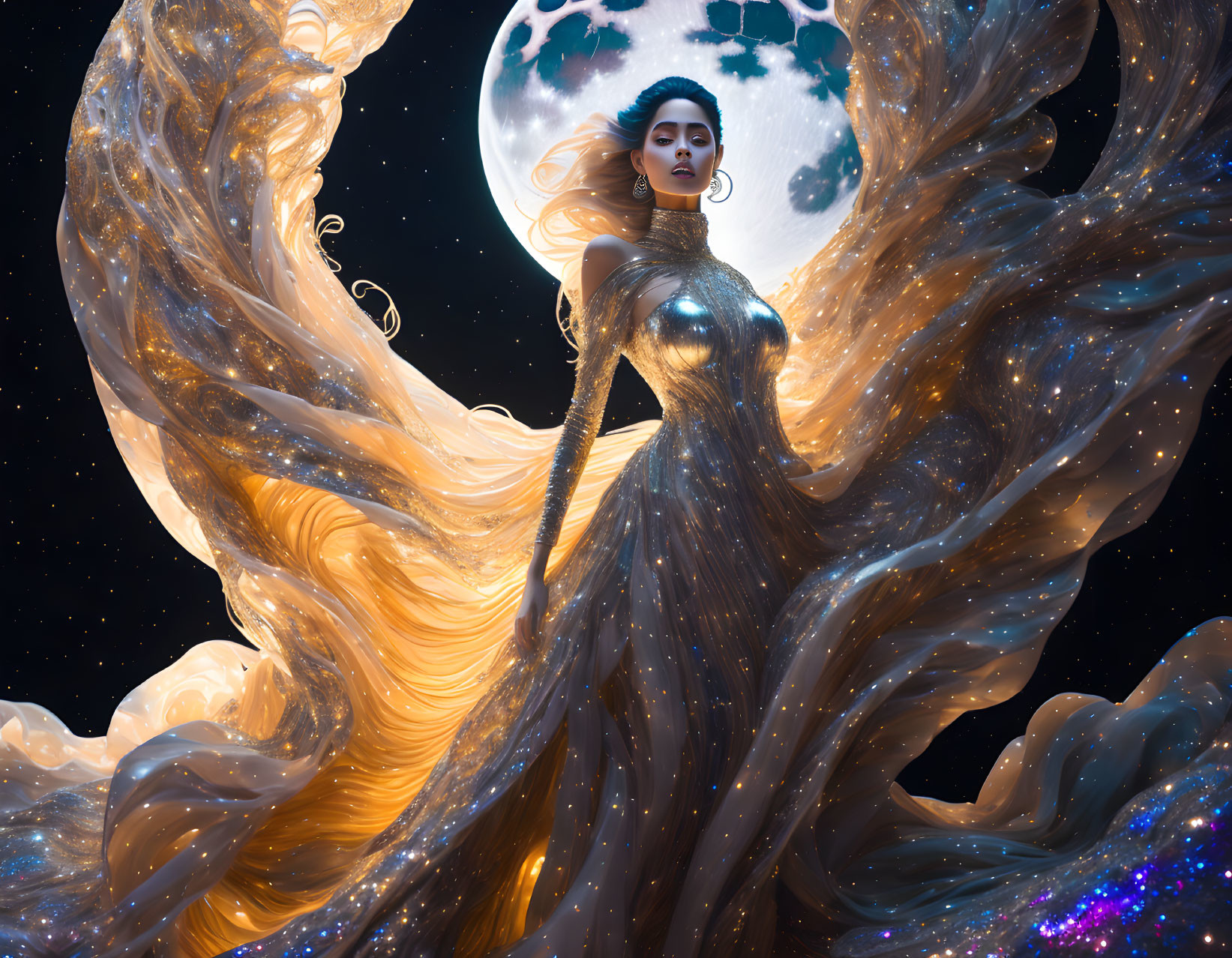 Ethereal woman in celestial-themed gown against starry sky