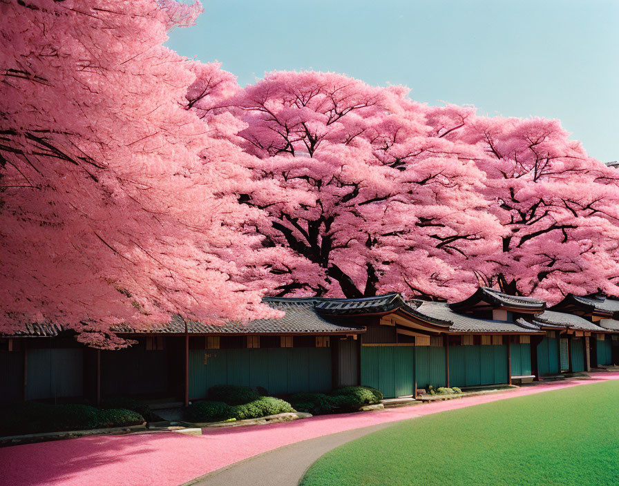 Pink Cherry Blossoms and Japanese Architecture in Vibrant Scene