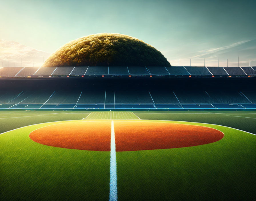 Desolate sports stadium with green grass and tree-covered hill