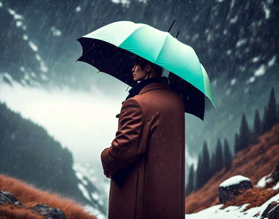 Person in Brown Coat with Turquoise Umbrella in Snowy Mountain Scene