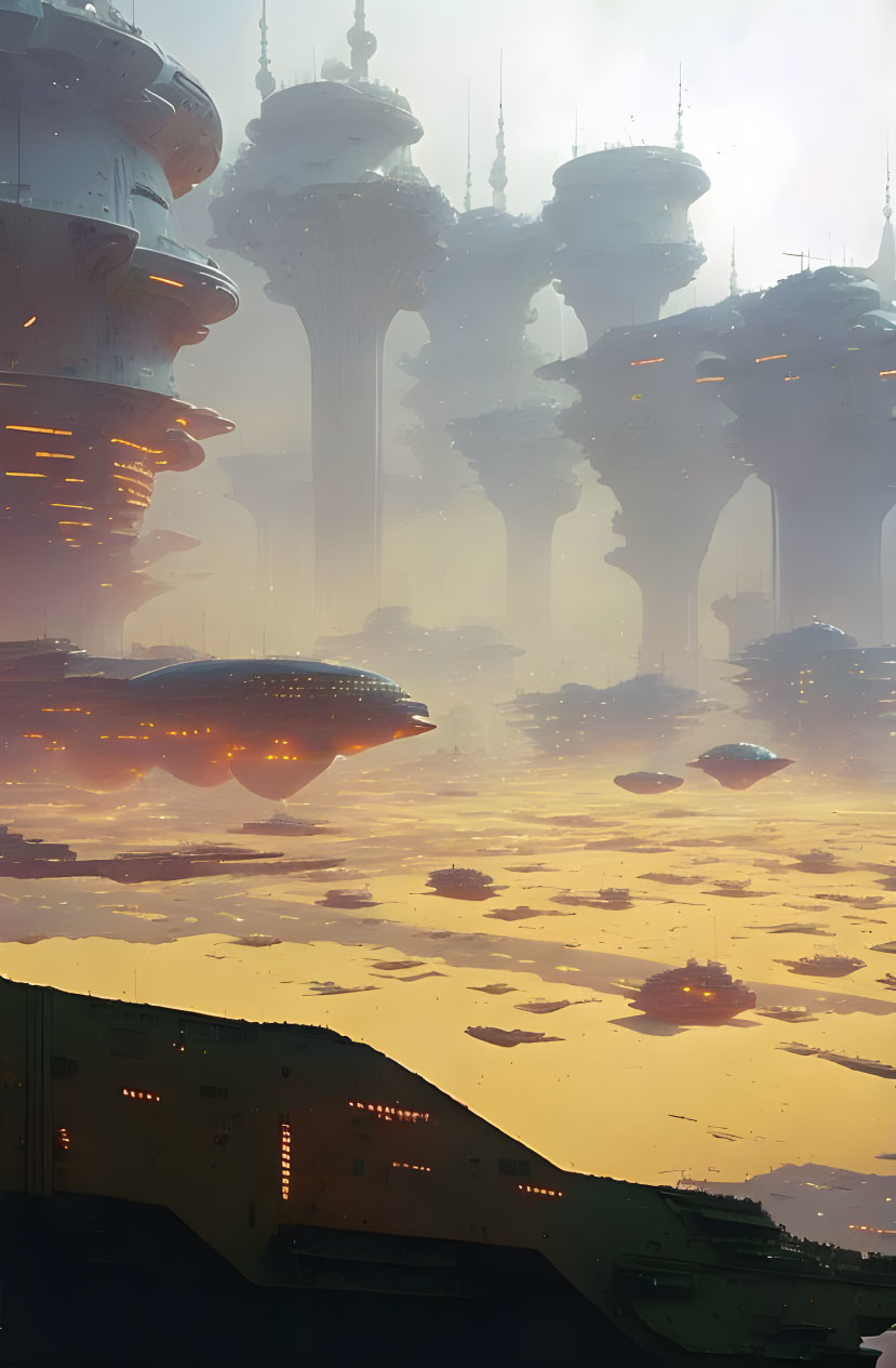 Futuristic sunset cityscape with towering structures and flying vehicles