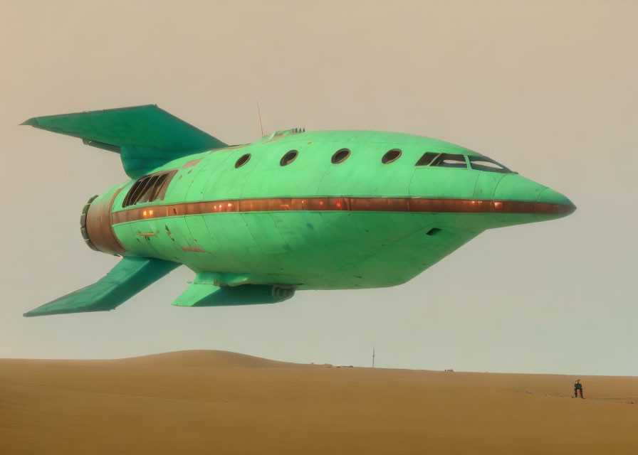 Futuristic green aircraft above desert landscape with solitary figure.