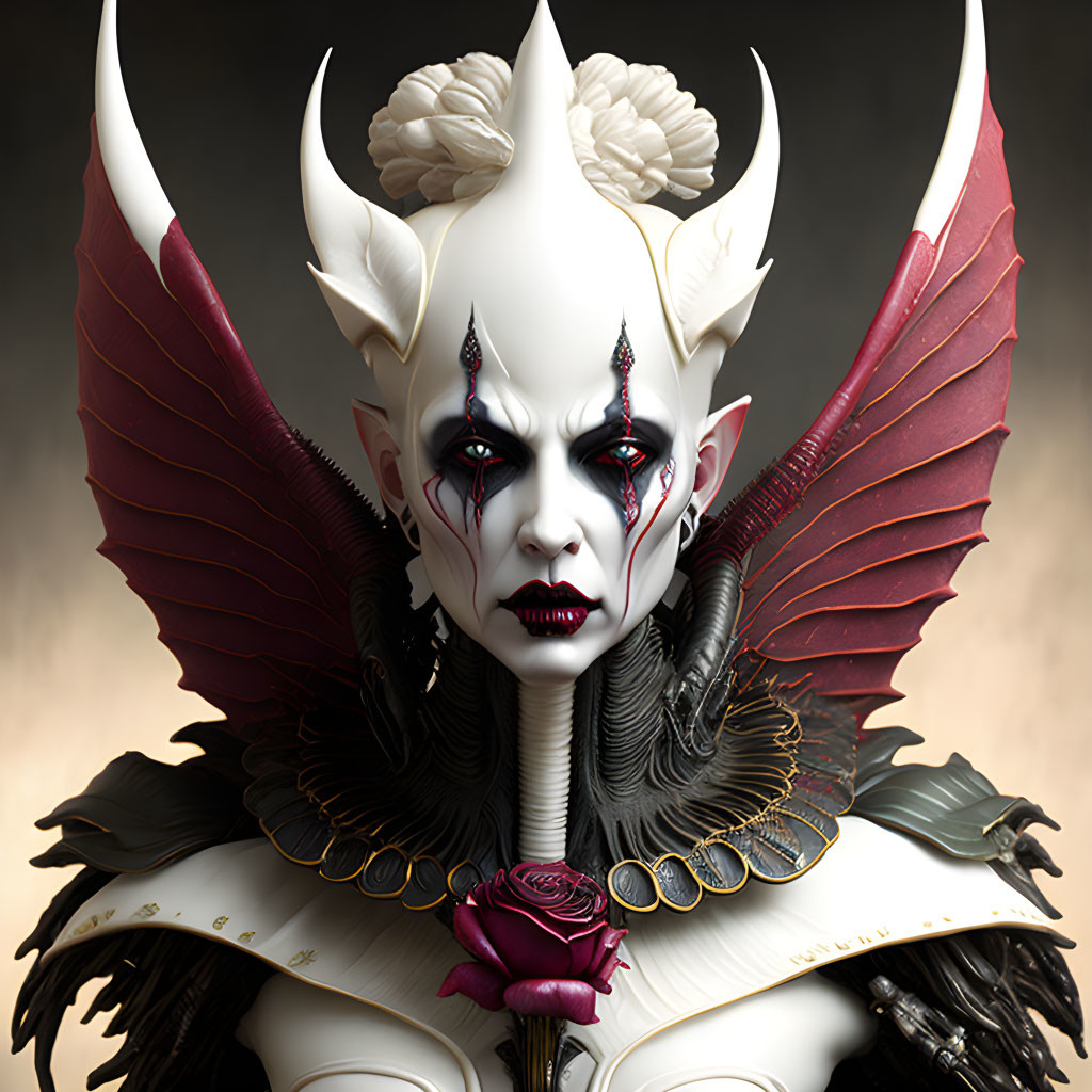 Fantastical Female Character with Pale Skin and Sharp Horns