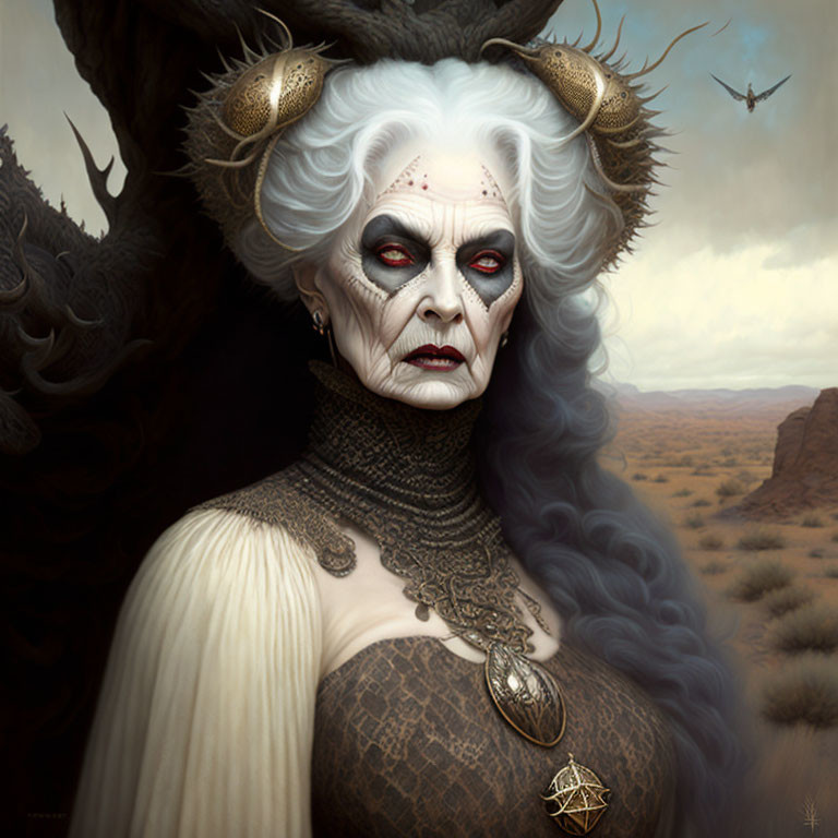 Elder fantasy woman with pale skin, dramatic makeup, and curved horns in desolate landscape