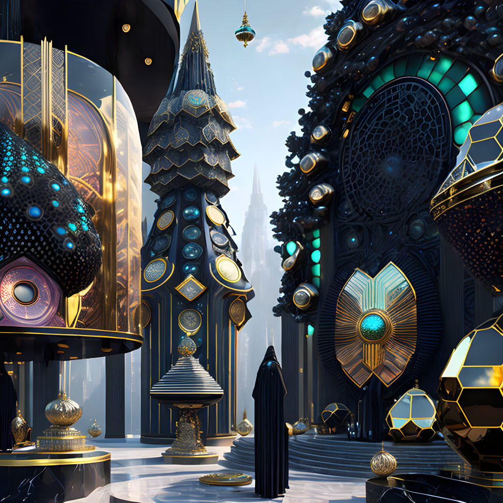 Futuristic cityscape with gold-accented blue towers and intricate geometric designs