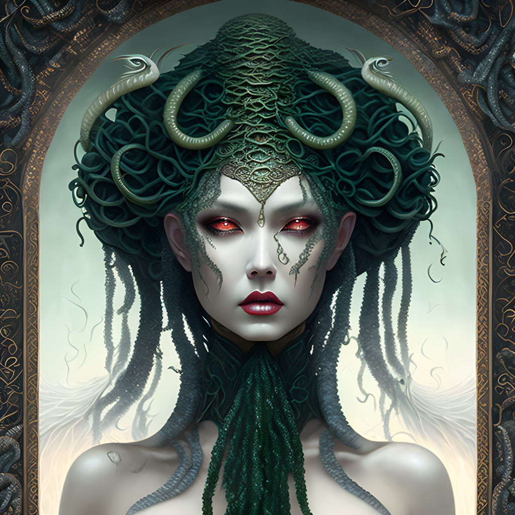 Mystical female figure with snake-like hair and horns in ornate setting