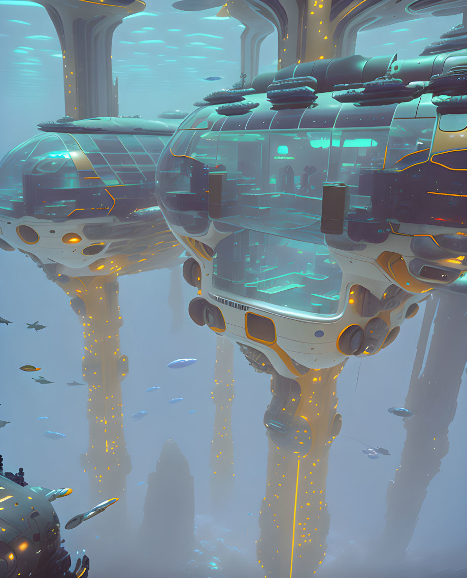 Futuristic underwater habitat with dome structures and glowing lights surrounded by marine life