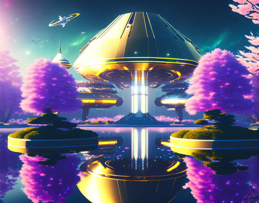 Futuristic city with domed structure, purple trees, mirrored water, and spacecraft in twilight sky