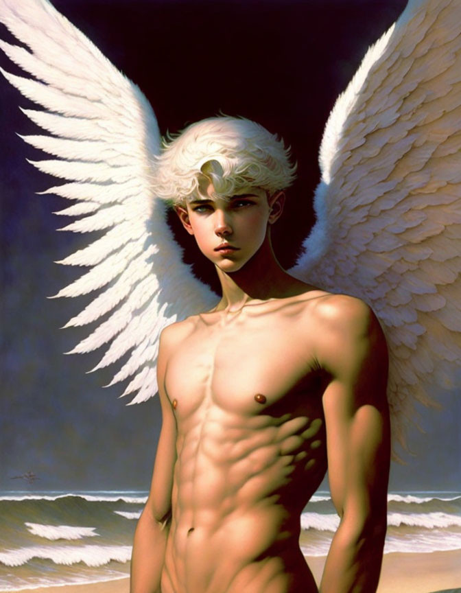 Blond angel with white wings on serene beach