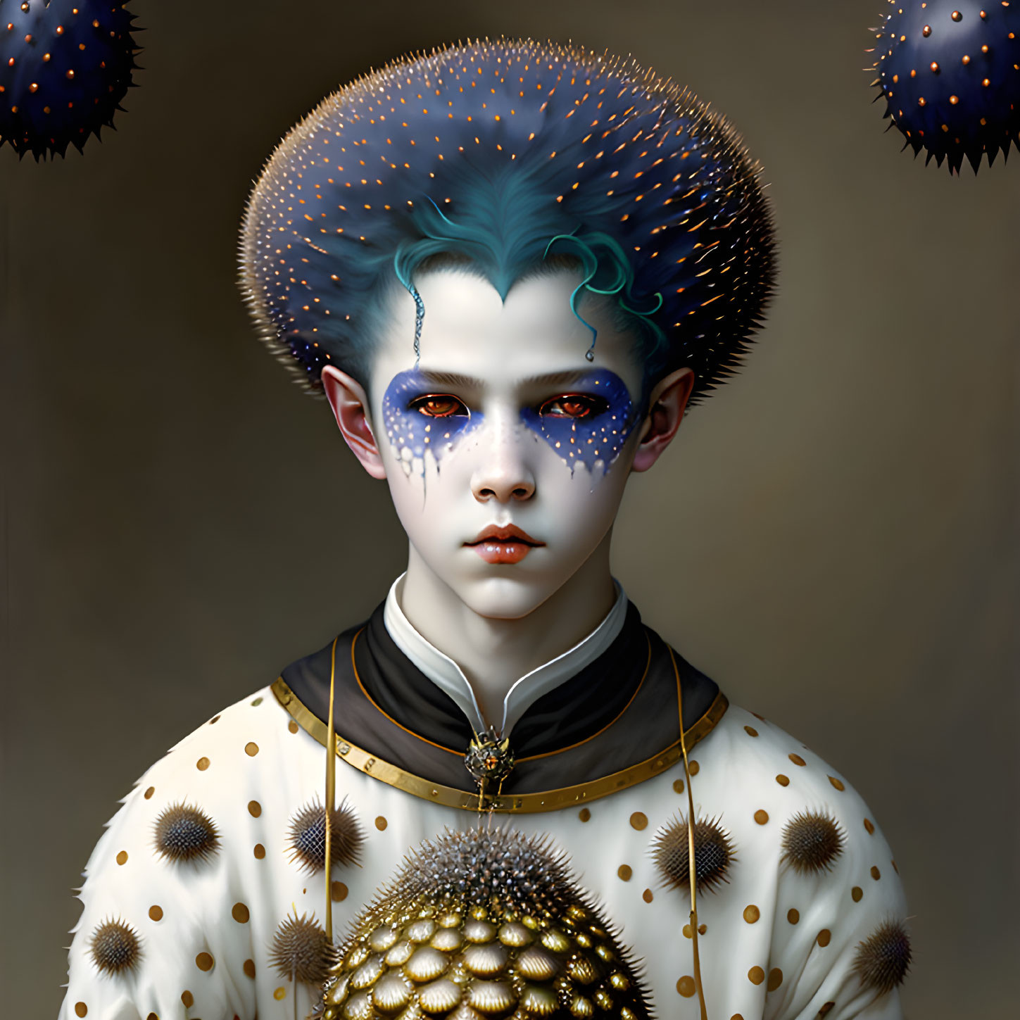 Vibrant surreal portrait with blue hair and eye makeup wearing gold and white outfit