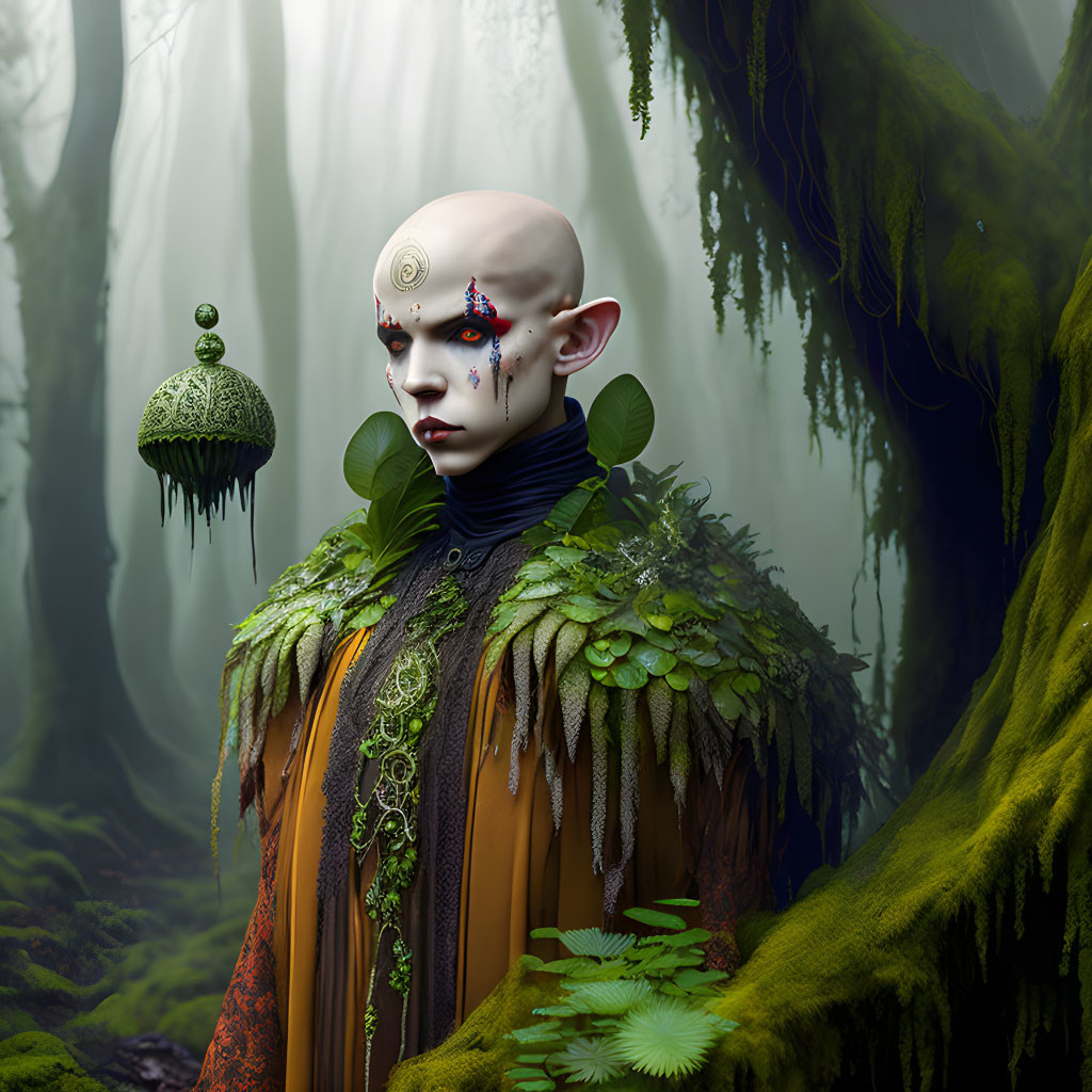 Pale-skinned humanoid with red markings in mystical forest setting