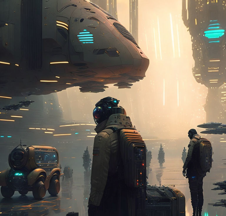 Futuristic cityscape with figures in spacesuits and robot