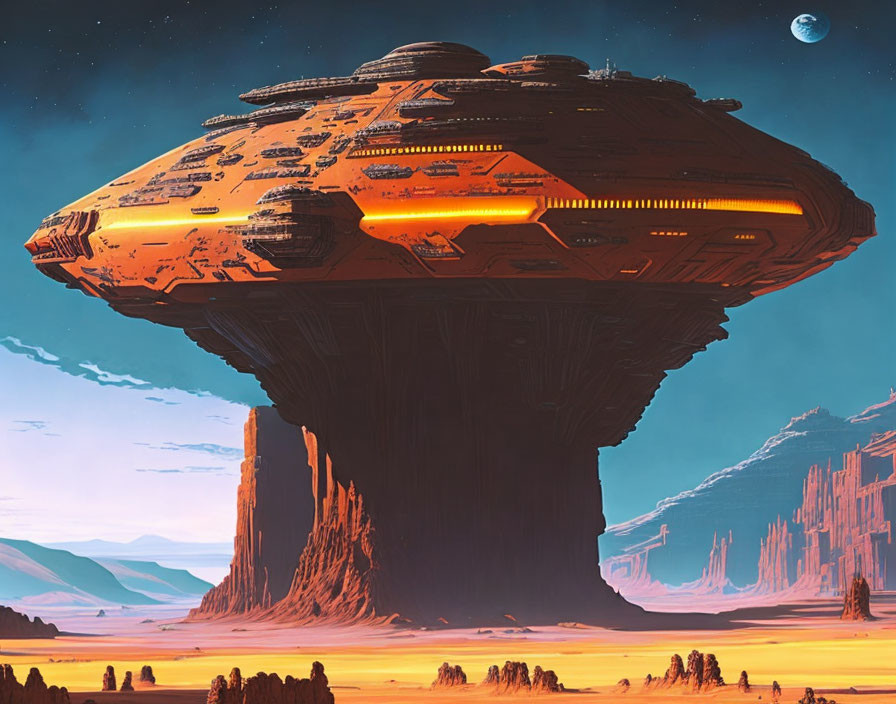 Gigantic spaceship over desert landscape at dusk