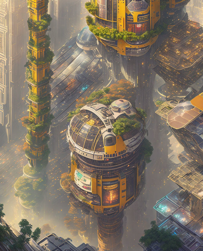 Futuristic cityscape with high-rises and spherical structure in sunny landscape