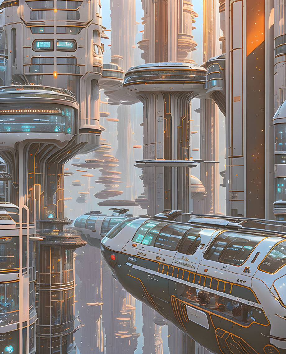 Futuristic cityscape with towering skyscrapers and sleek train in warm sunlight