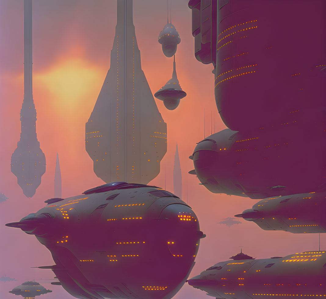 Futuristic cityscape with towering spires and flying orbs in hazy pink sky