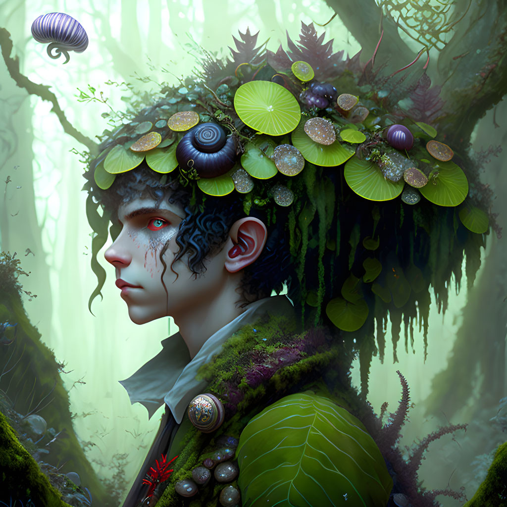 Surreal portrait with forest-inspired headdress and mystical woodland elements