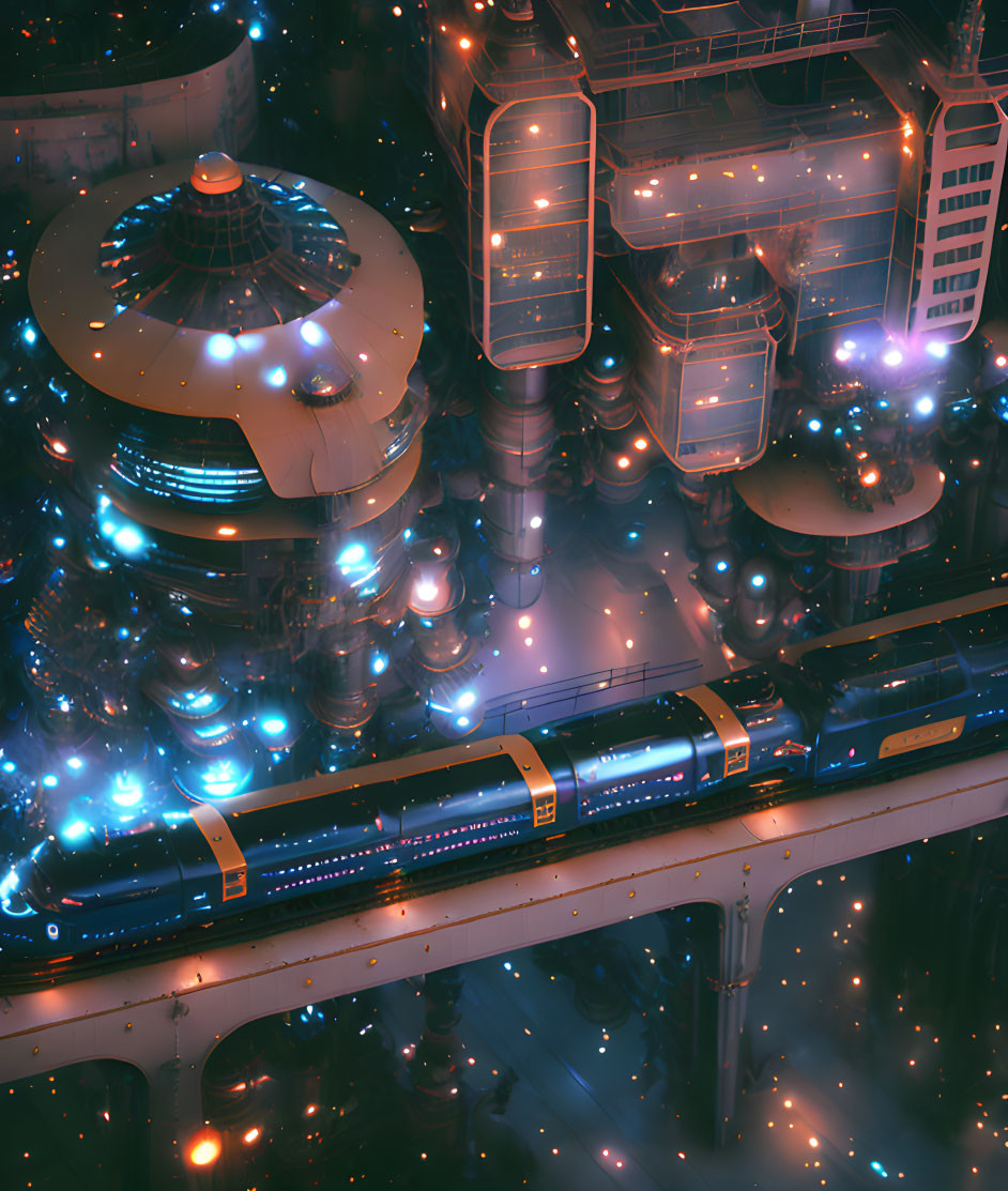 Futuristic night cityscape with neon lights, skyscrapers, train, and floating particles