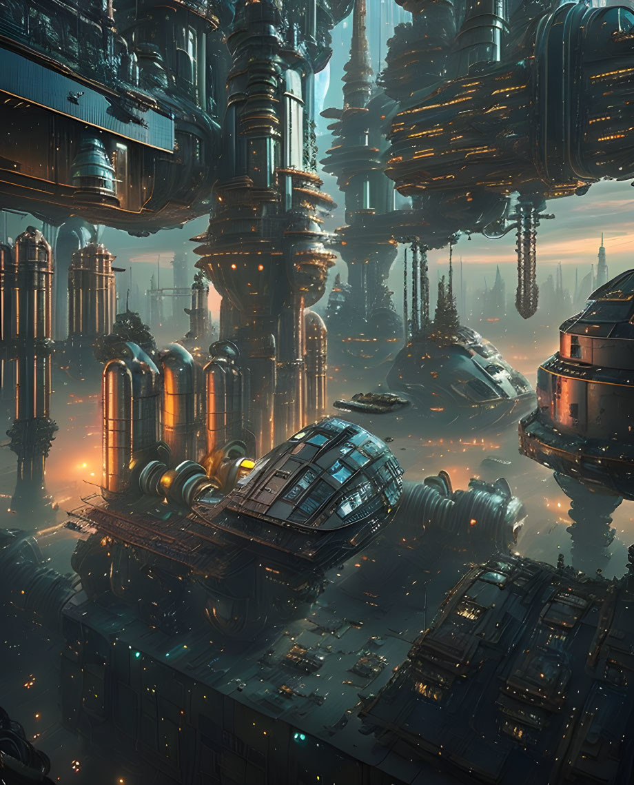 Futuristic cityscape with skyscrapers, lights, and flying vehicles at dusk