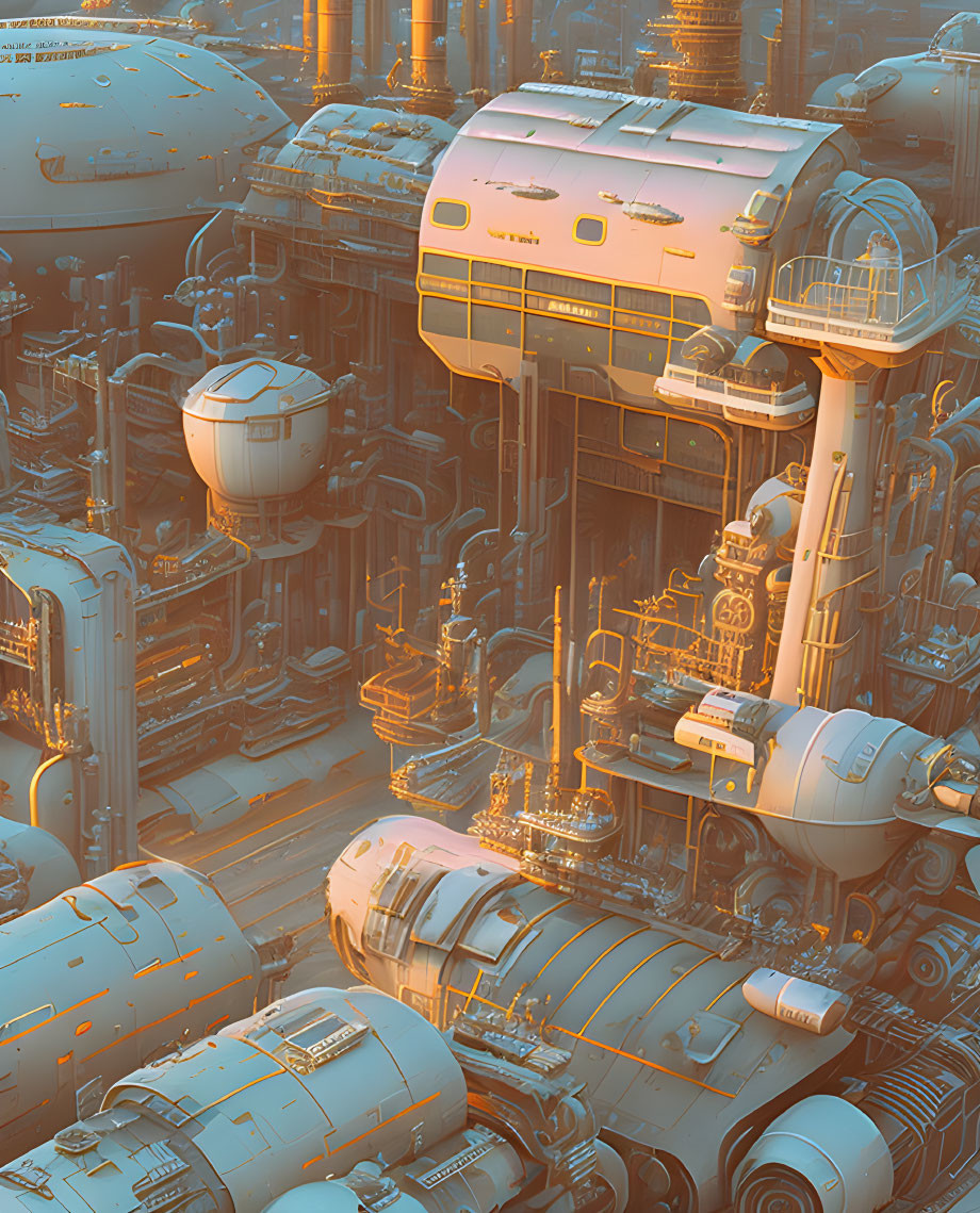 Futuristic industrial scene with towering pipes and golden glow