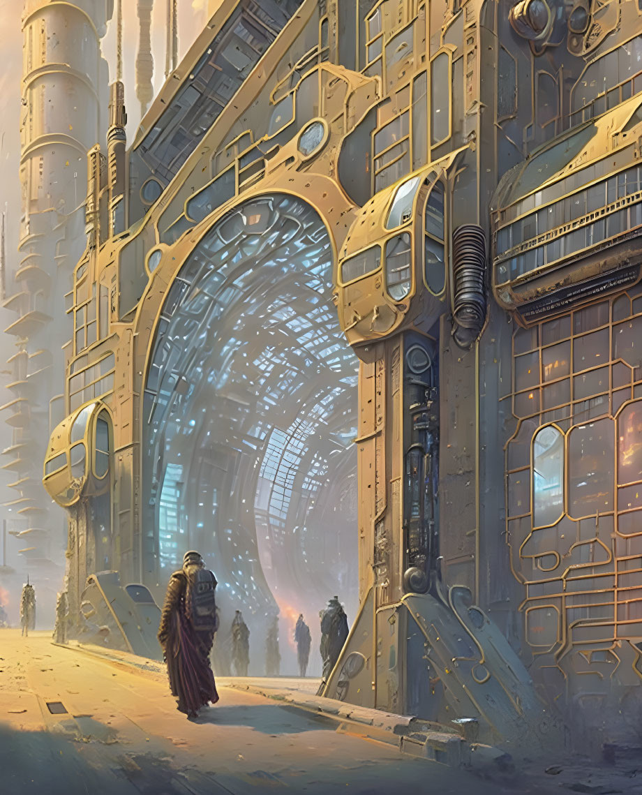 Person in cloak approaching futuristic gate in cityscape.