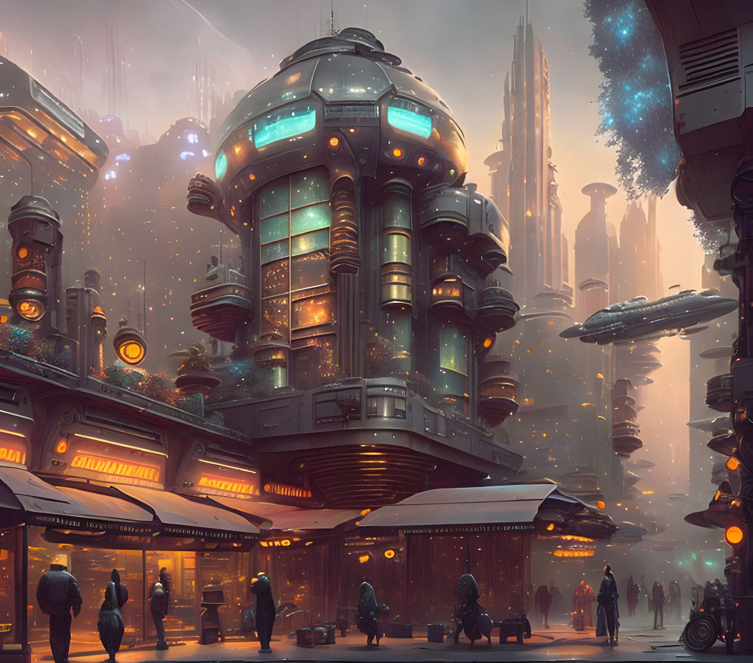 Futuristic cityscape with towering buildings and neon signs