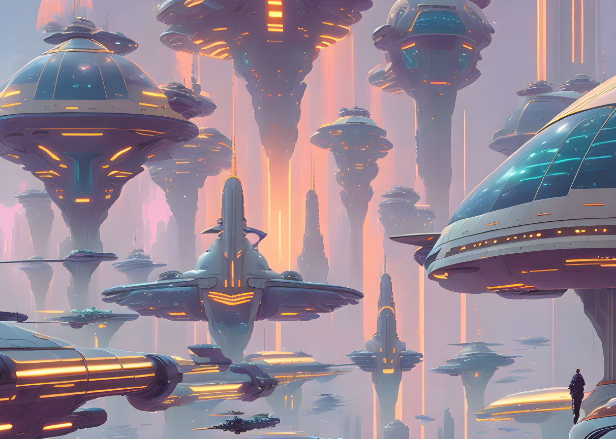 Futuristic cityscape with towering skyscrapers and flying vehicles against warm glowing sky