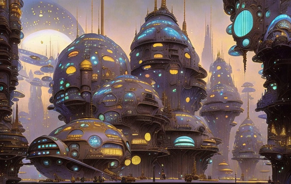 Futuristic cityscape with golden domed towers and floating orbs