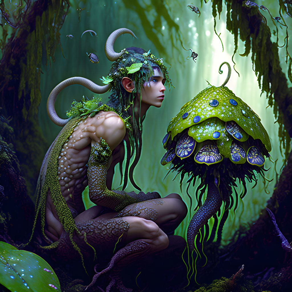 Green-skinned creature with ram-like horns under mushroom umbrella in mystical forest scene