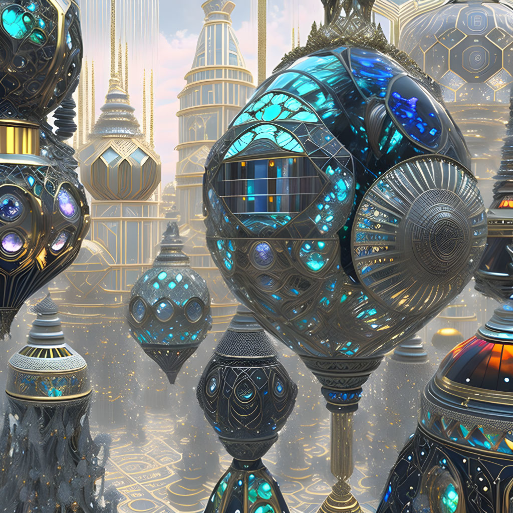 Golden skyscrapers and floating orbs in futuristic cityscape.