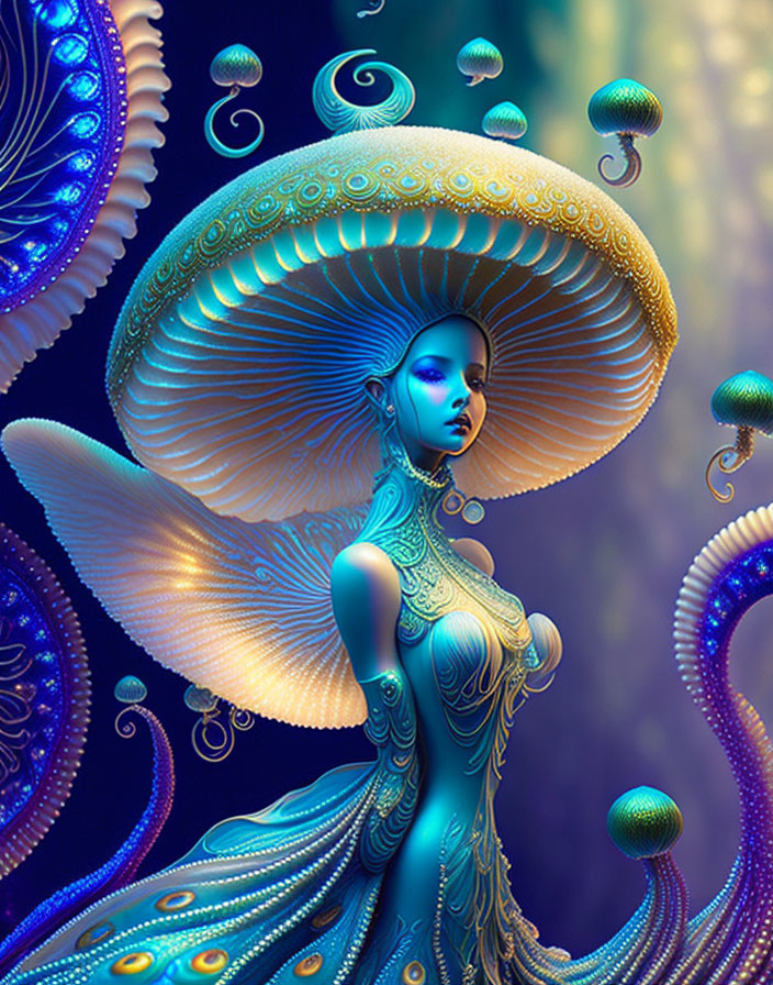 Digital artwork of blue-toned female figure with mushroom adornments in underwater or alien setting