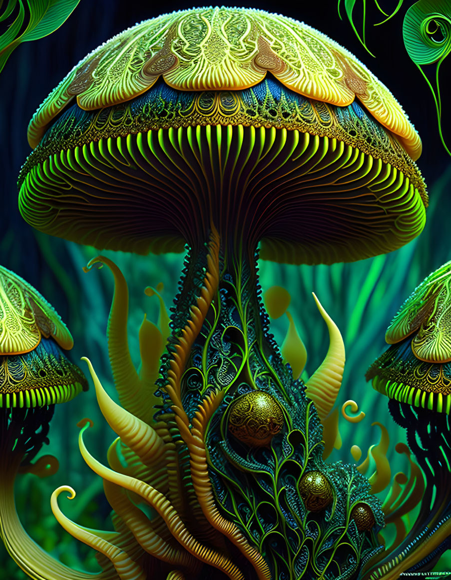 Fantastical neon mushroom surrounded by exotic glowing plants