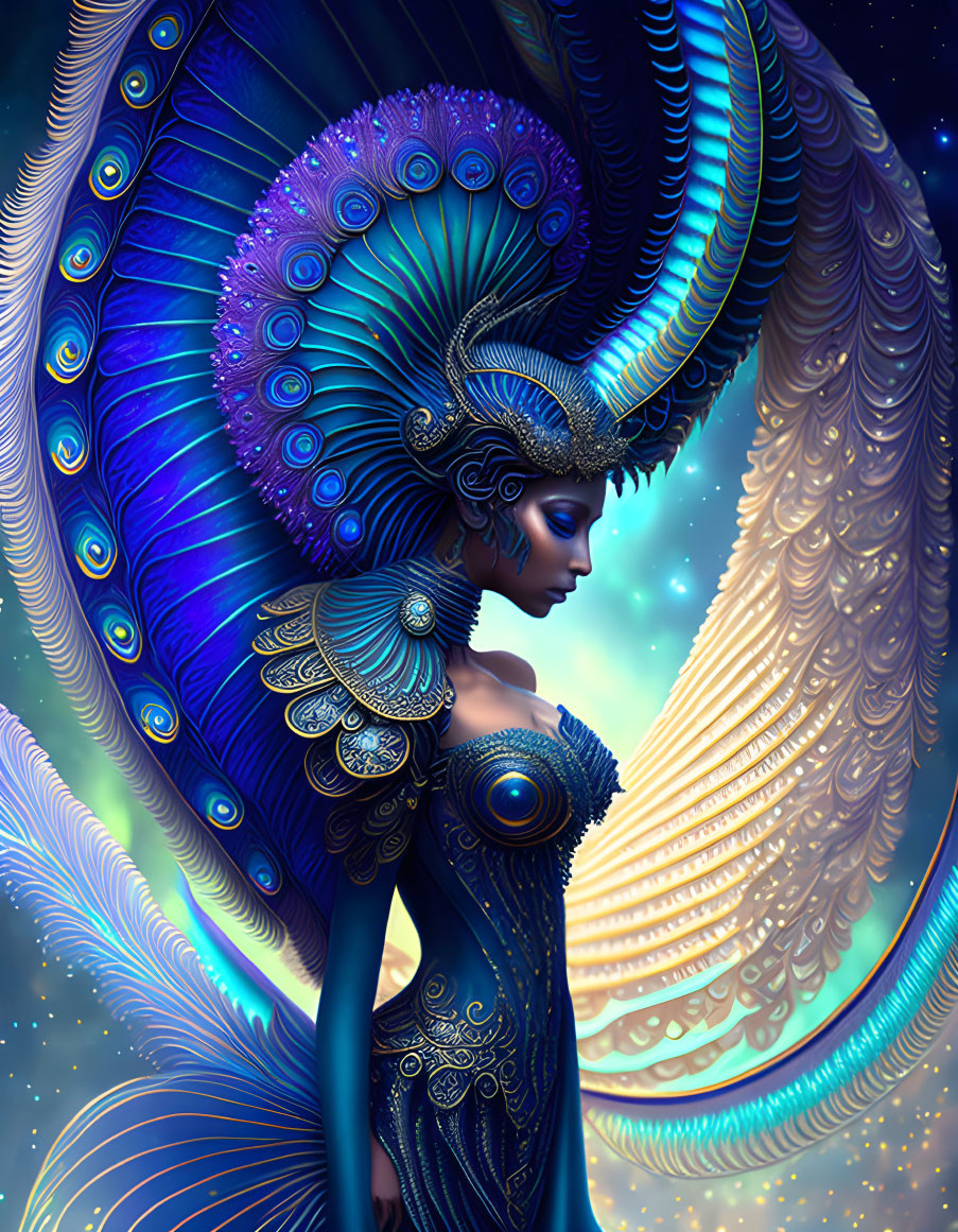 Illustrated woman with dark skin in peacock-themed attire under starry night.