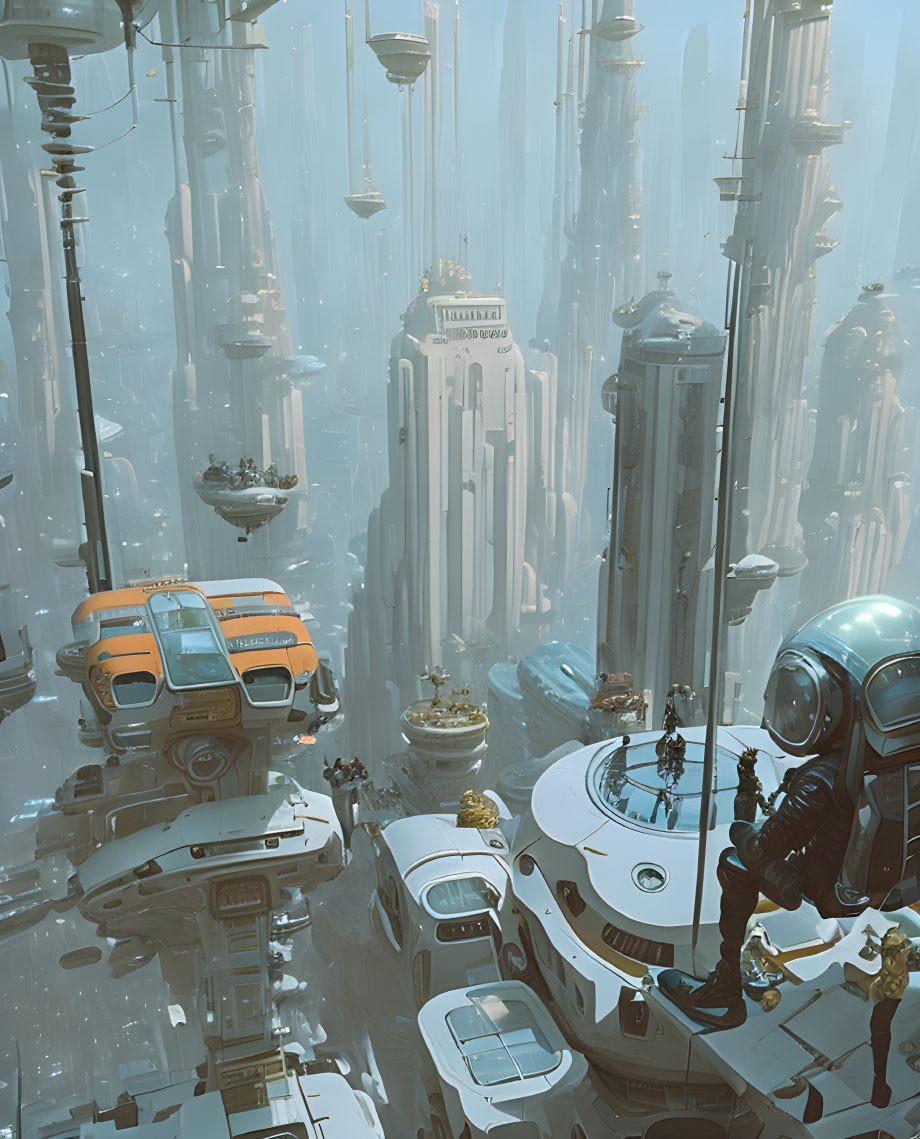 Futuristic cityscape with skyscrapers, flying vehicles, and astronaut statues in blue haze