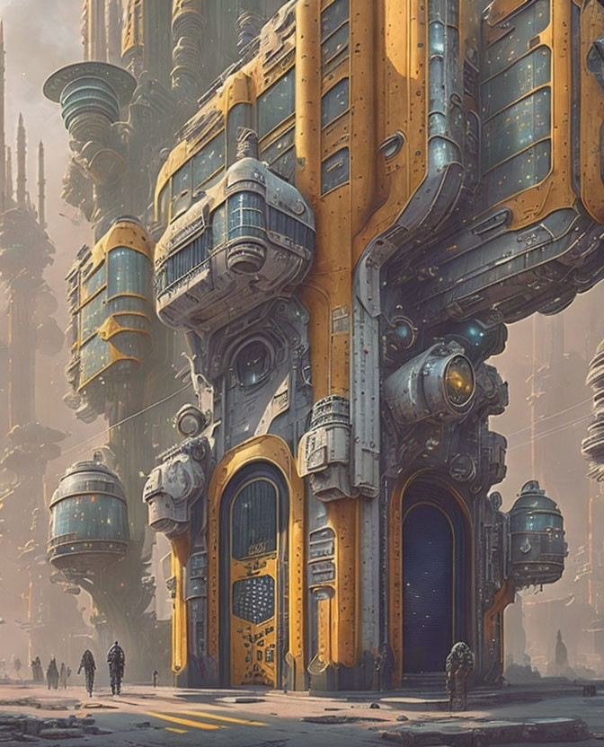 Futuristic cityscape with golden buildings and arched doorway