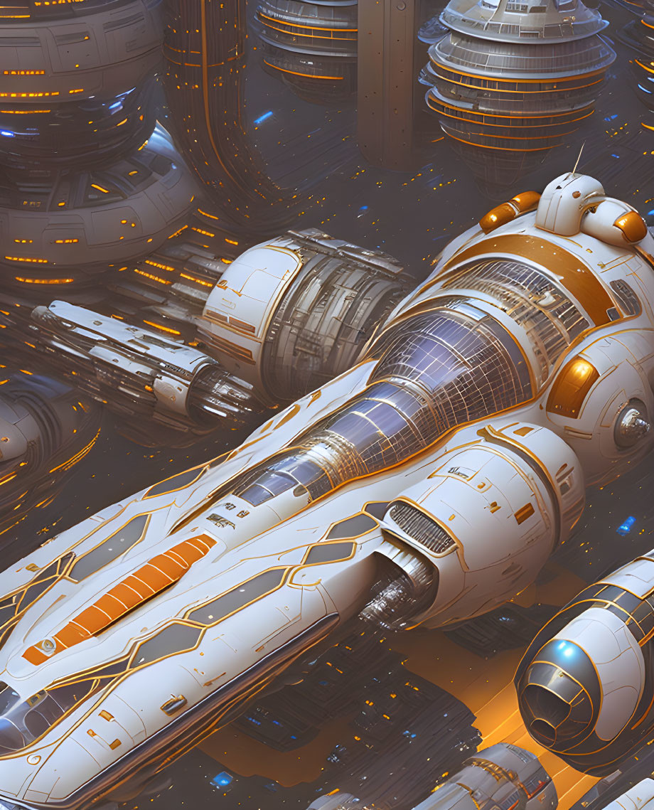 Futuristic orange and white spaceship among cylindrical space structures