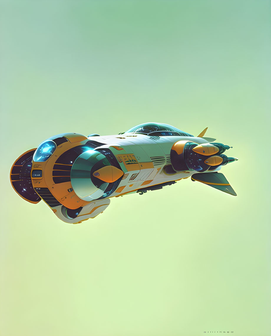 Yellow and Green Futuristic Spacecraft with Circular Blue Windows and Orange Detailing