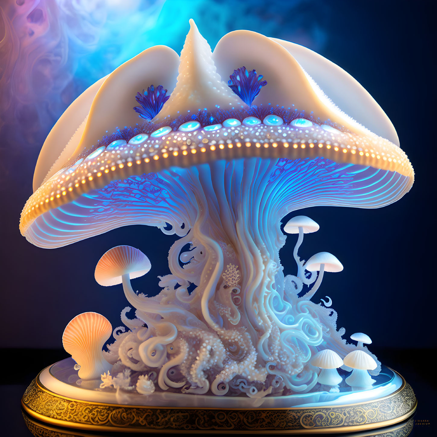 Luminescent digital sculpture of tree-like mushroom on decorated pedestal