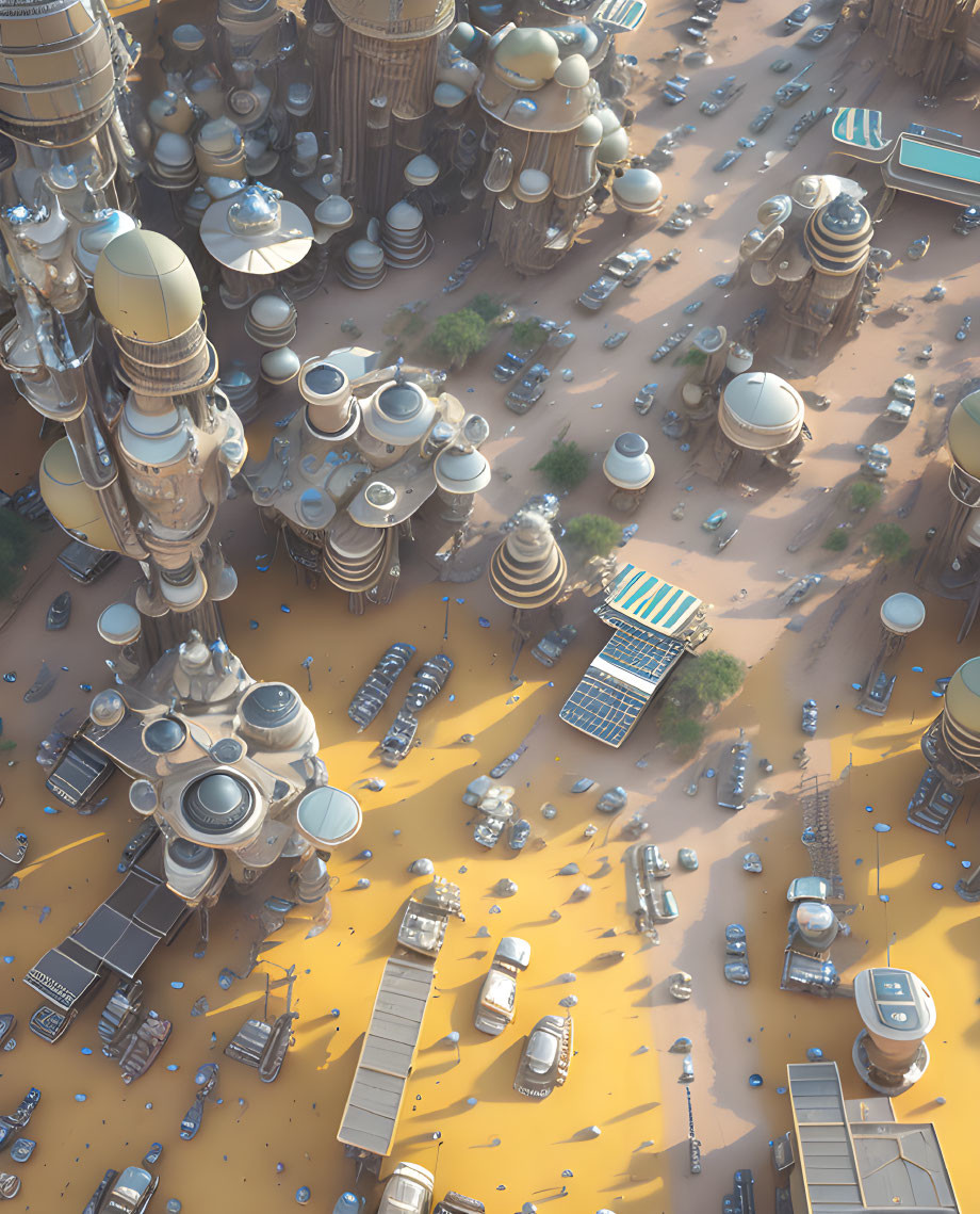 Futuristic cityscape with dome-shaped buildings and vehicles in desert setting