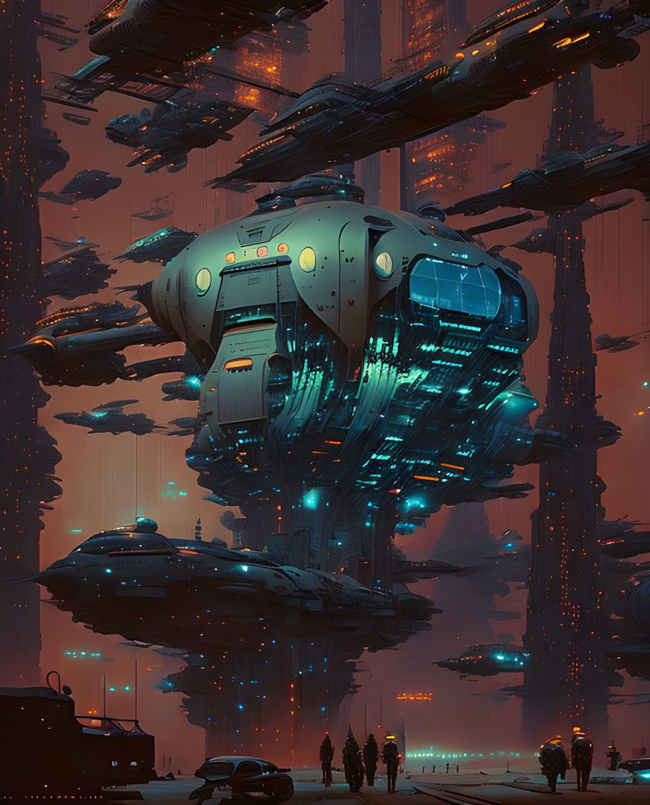 Futuristic cityscape with towering skyscrapers and hovering ships in orange and blue hues