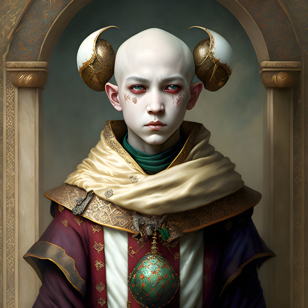 Fantasy character portrait with pale skin, curled horns, cloak, and decorative egg