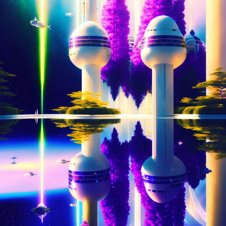 Futuristic sci-fi landscape with purple foliage, towers, and spaceships