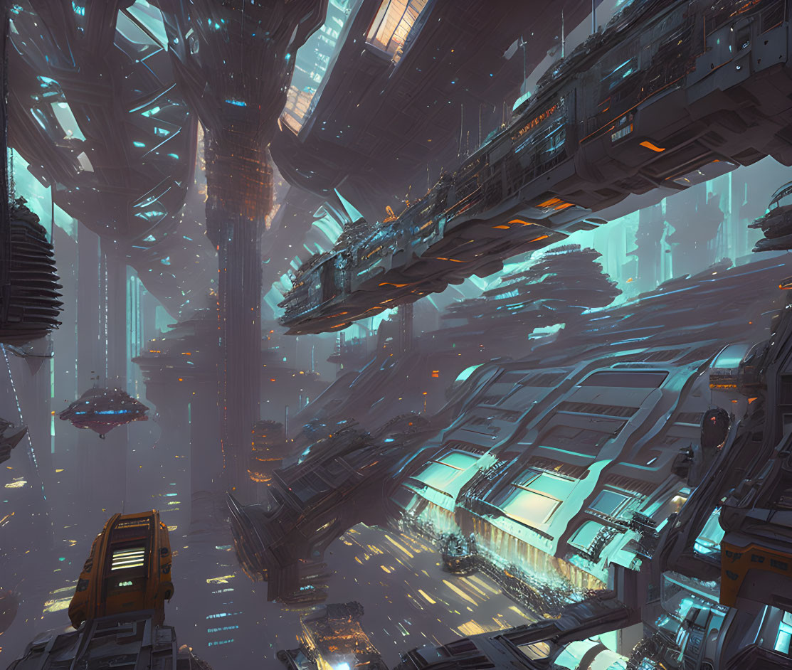 Futuristic cityscape with towering structures and flying vehicles