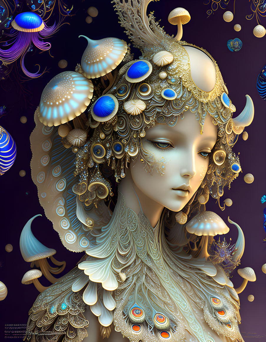 Fantastical digital artwork of female figure with golden headpiece, jellyfish, and orbs