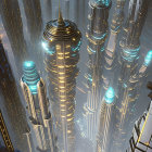 Futuristic cityscape with towering skyscrapers and glowing lights